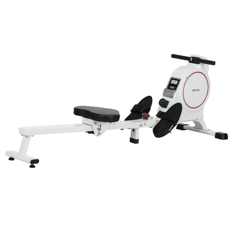 SPORTNOW Máquina de Remo Magnético Máquina de Remo Dobrável com Resistência de 8 Níveis Ecrã LCD e 2 Rodas de Transporte para Ginásio Carga Máxima 130 kg 180x48x60 cm Branco