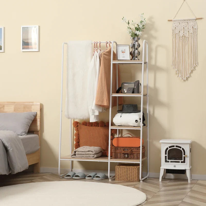 Suporte para Cabides Charriot de Madeira com 4 Prateleiras de Armazenamento e Barra de Pendurar para Dormitório Sala de Estar Entrada Estilo Industrial 101x39x160cm Madeira e Branco