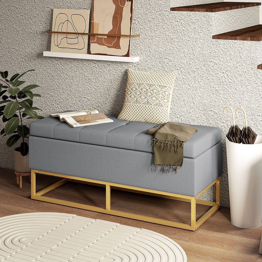 Banco de Armazenamento Otomano Retangular Estofado em Linho com Pés de Aço para Sala de Estar Dormitório 110x44x48 cm Cinza