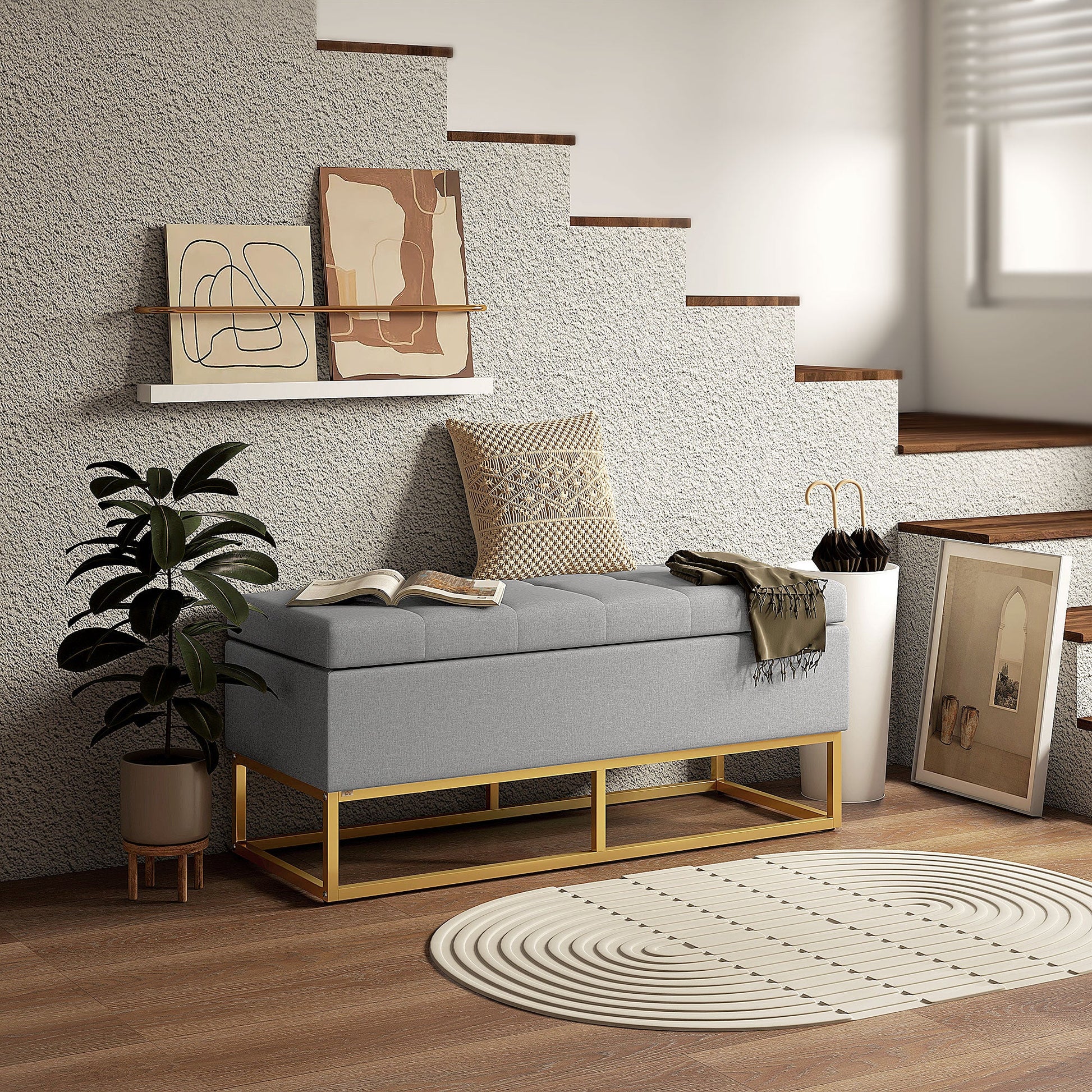 Banco de Armazenamento Otomano Retangular Estofado em Linho com Pés de Aço para Sala de Estar Dormitório 110x44x48 cm Cinza