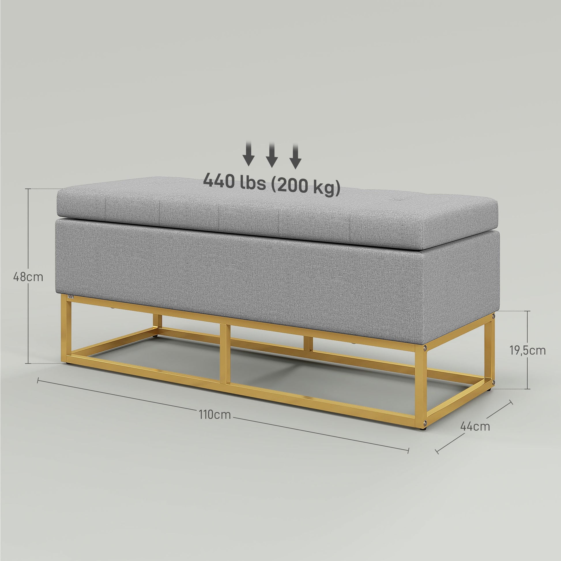Banco de Armazenamento Otomano Retangular Estofado em Linho com Pés de Aço para Sala de Estar Dormitório 110x44x48 cm Cinza