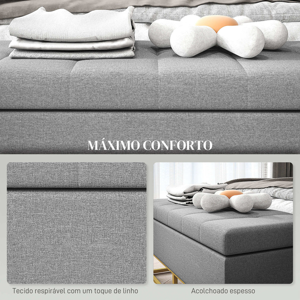 Banco de Armazenamento Otomano Retangular Estofado em Linho com Pés de Aço para Sala de Estar Dormitório 110x44x48 cm Cinza