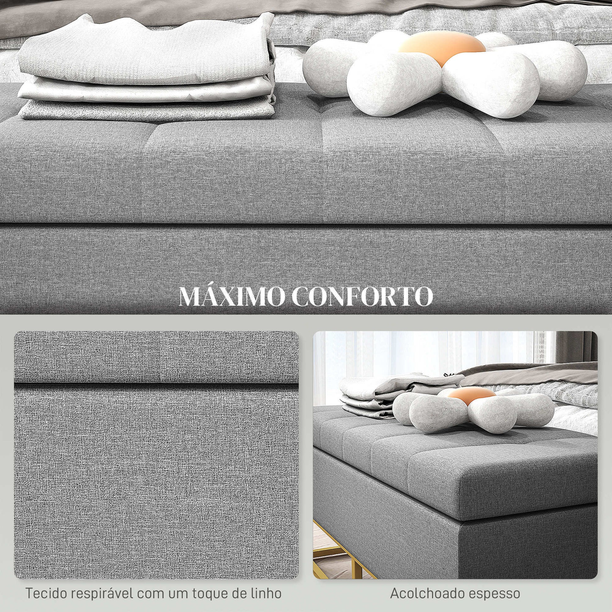 Banco de Armazenamento Otomano Retangular Estofado em Linho com Pés de Aço para Sala de Estar Dormitório 110x44x48 cm Cinza