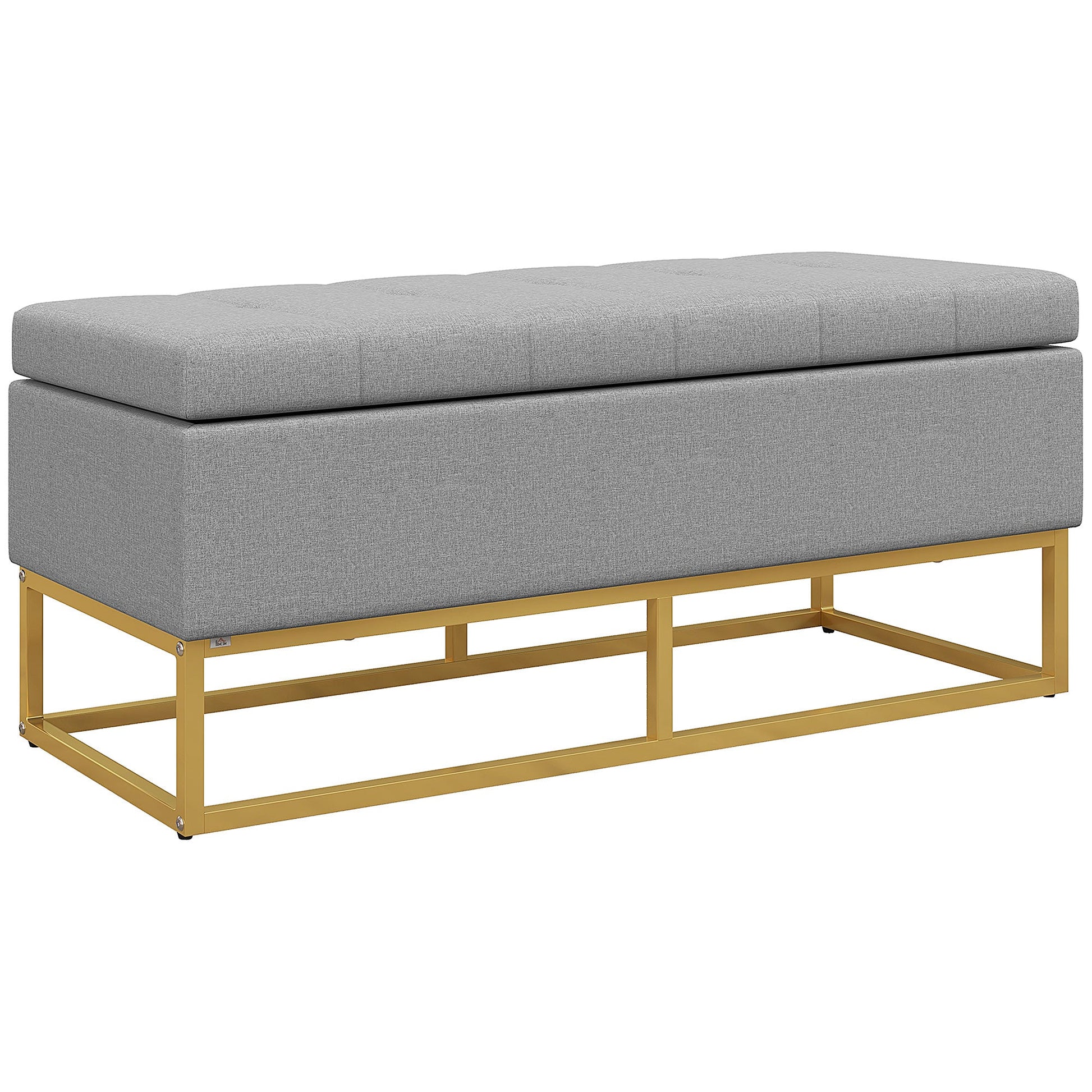 Banco de Armazenamento Otomano Retangular Estofado em Linho com Pés de Aço para Sala de Estar Dormitório 110x44x48 cm Cinza
