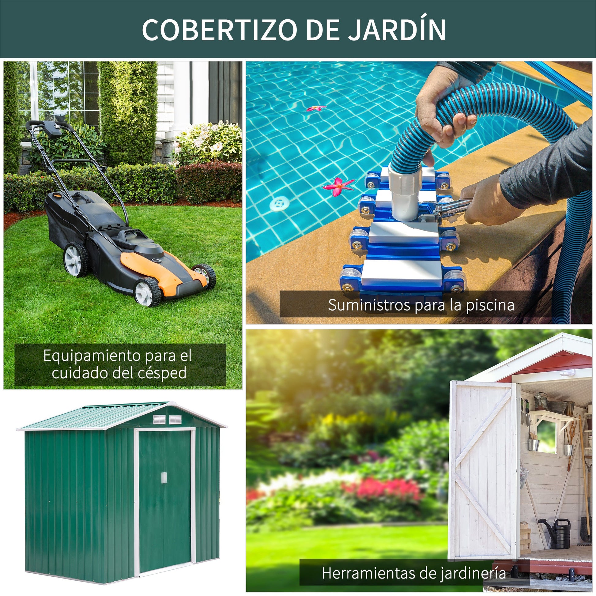 Abrigo de Jardim 213x130x185cm Abrigo de Jardim Metálico de Exterior para Armazenamento de Ferramentas com 2 Portas Deslizantes e 4 Janelas para Terraço Verde