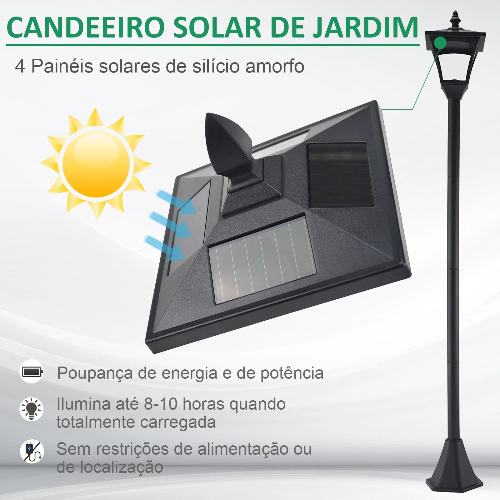 Candeeiro Solar de Jardim – 18x18x160 cm – Preto – Estrutura em Aço Inoxidável – IP44 – Iluminação Automática