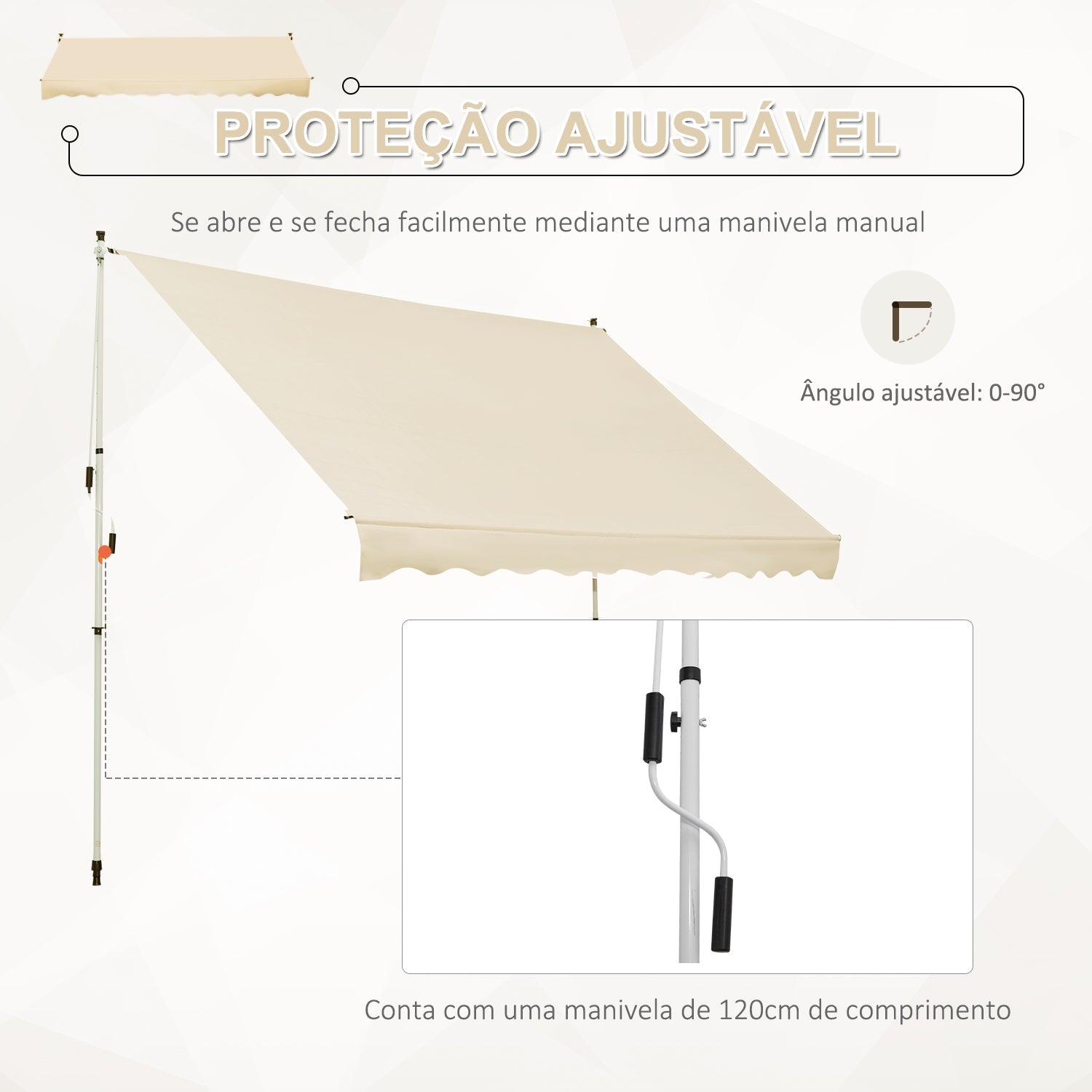 Toldo Manual Retrátil para Exterior 300x150x170-280cm Toldo Enrolável Altura Ajustável com Manivela Proteção Solar para Terraço Balcão Jardim Bege