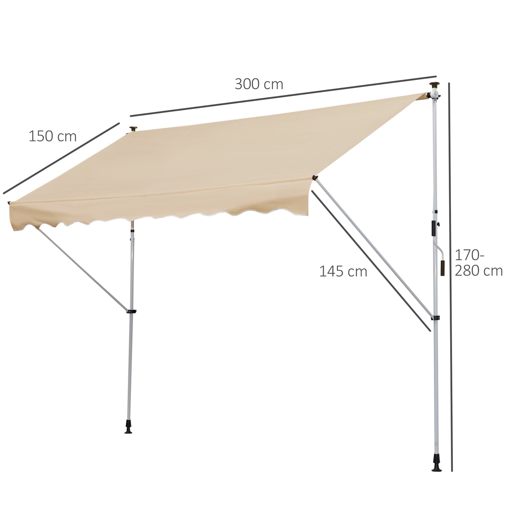 Toldo Manual Retrátil para Exterior 300x150x170-280cm Toldo Enrolável Altura Ajustável com Manivela Proteção Solar para Terraço Balcão Jardim Bege