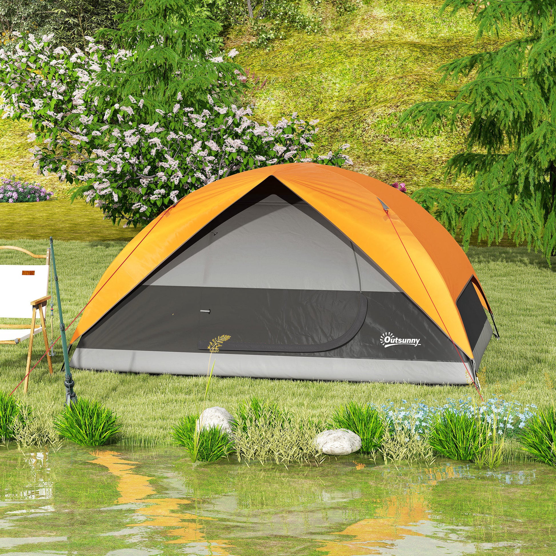 Tenda de Campismo para 2-3 Pessoas Tenda de Campismo Dobrável com Porta Janela de Malha Bolsos Gancho e Bolsa de Transporte Impermeável Fácil Instalação para Caminhadas 205x275x135 cm Laranja e Cinza