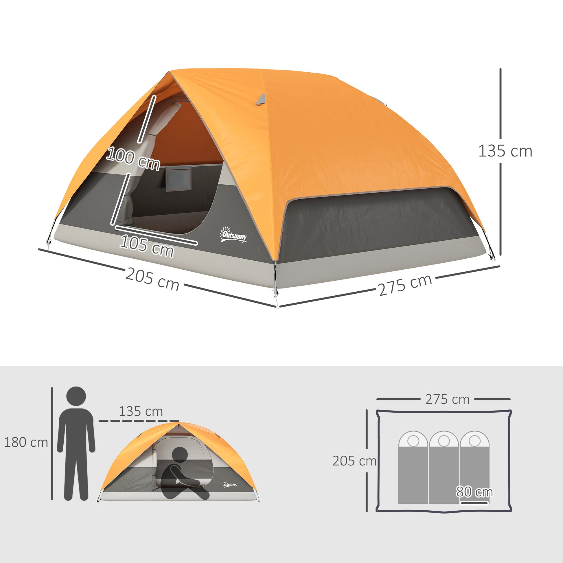 Tenda de Campismo para 2-3 Pessoas Tenda de Campismo Dobrável com Porta Janela de Malha Bolsos Gancho e Bolsa de Transporte Impermeável Fácil Instalação para Caminhadas 205x275x135 cm Laranja e Cinza
