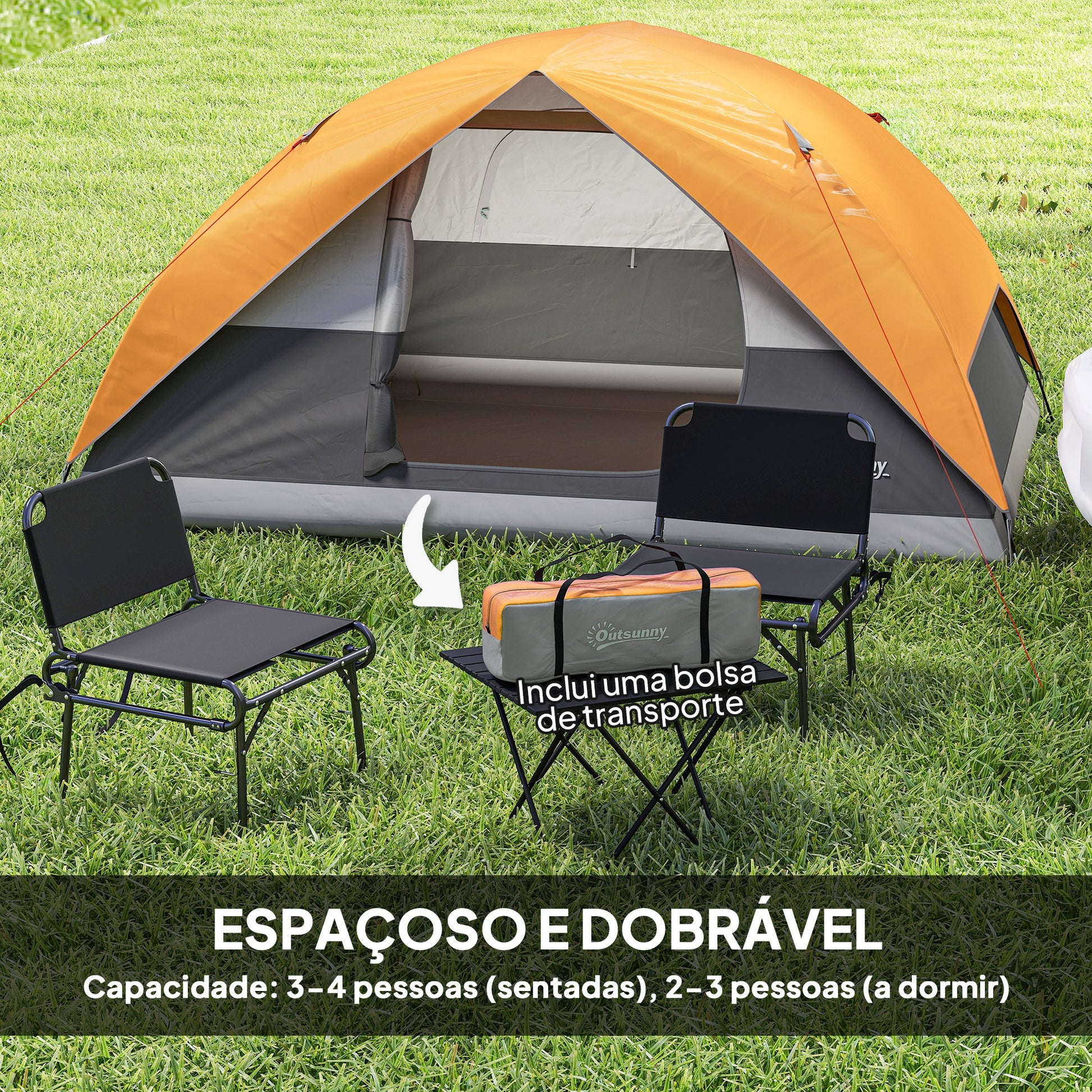 Tenda de Campismo para 2-3 Pessoas Tenda de Campismo Dobrável com Porta Janela de Malha Bolsos Gancho e Bolsa de Transporte Impermeável Fácil Instalação para Caminhadas 205x275x135 cm Laranja e Cinza
