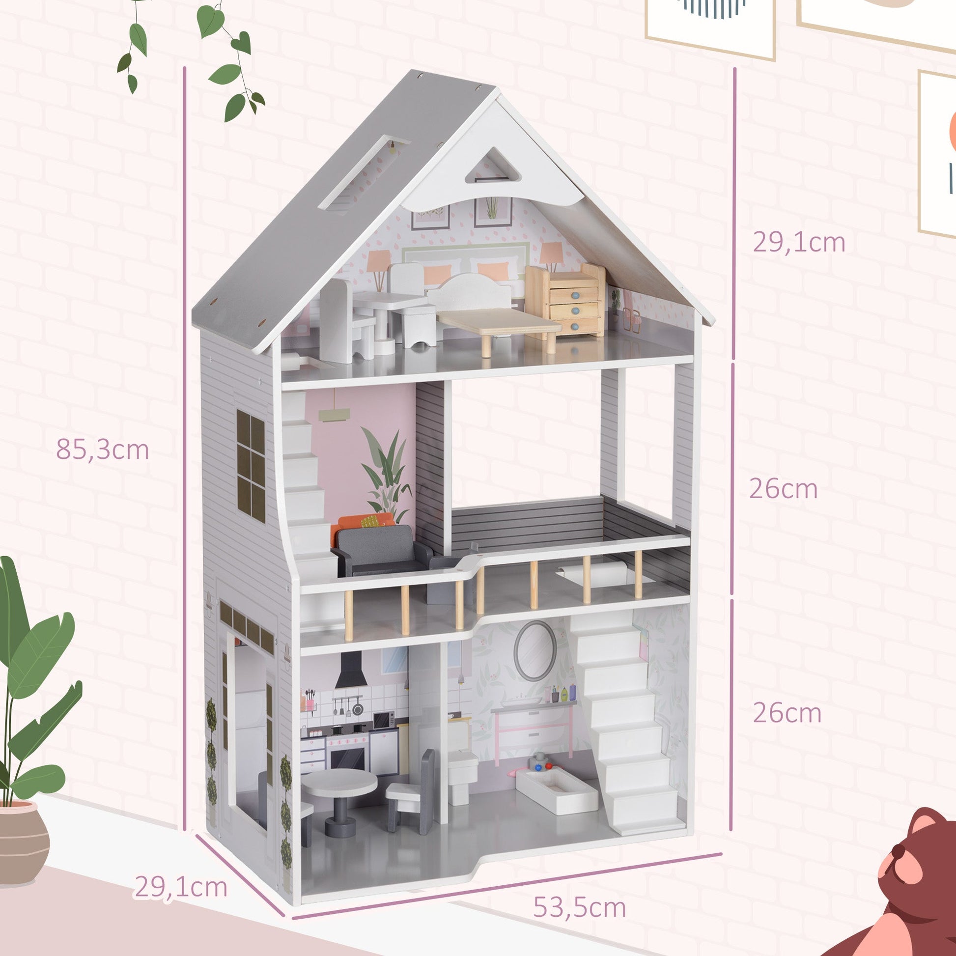 AIYAPLAY Casa de Bonecas com Móveis e Acessórios Casa de Bonecas de Madeira com 3 Andares Brinquedo para Meninas e Meninos acima de 3 Anos 53,5x29,1x85,3 cm Multicor