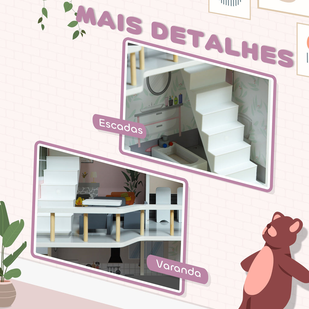 AIYAPLAY Casa de Bonecas com Móveis e Acessórios Casa de Bonecas de Madeira com 3 Andares Brinquedo para Meninas e Meninos acima de 3 Anos 53,5x29,1x85,3 cm Multicor