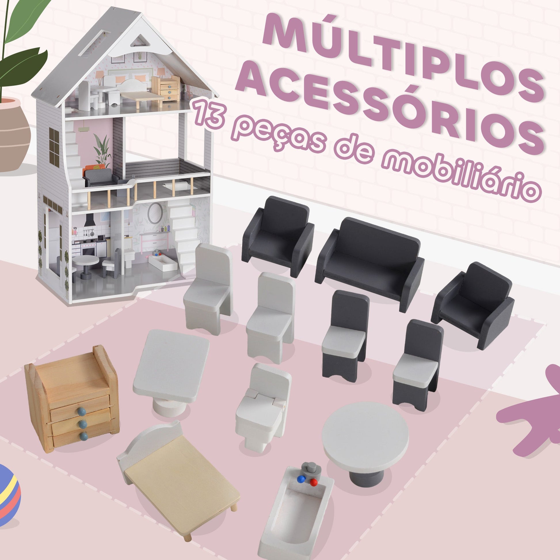 AIYAPLAY Casa de Bonecas com Móveis e Acessórios Casa de Bonecas de Madeira com 3 Andares Brinquedo para Meninas e Meninos acima de 3 Anos 53,5x29,1x85,3 cm Multicor