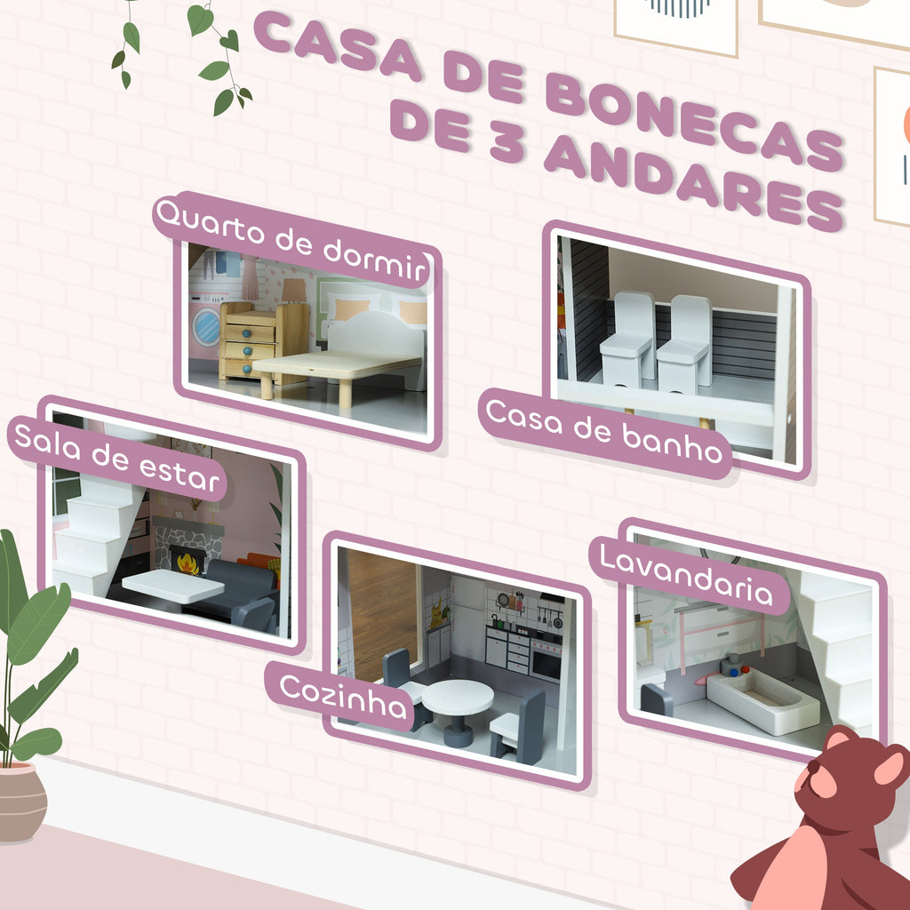 AIYAPLAY Casa de Bonecas com Móveis e Acessórios Casa de Bonecas de Madeira com 3 Andares Brinquedo para Meninas e Meninos acima de 3 Anos 53,5x29,1x85,3 cm Multicor