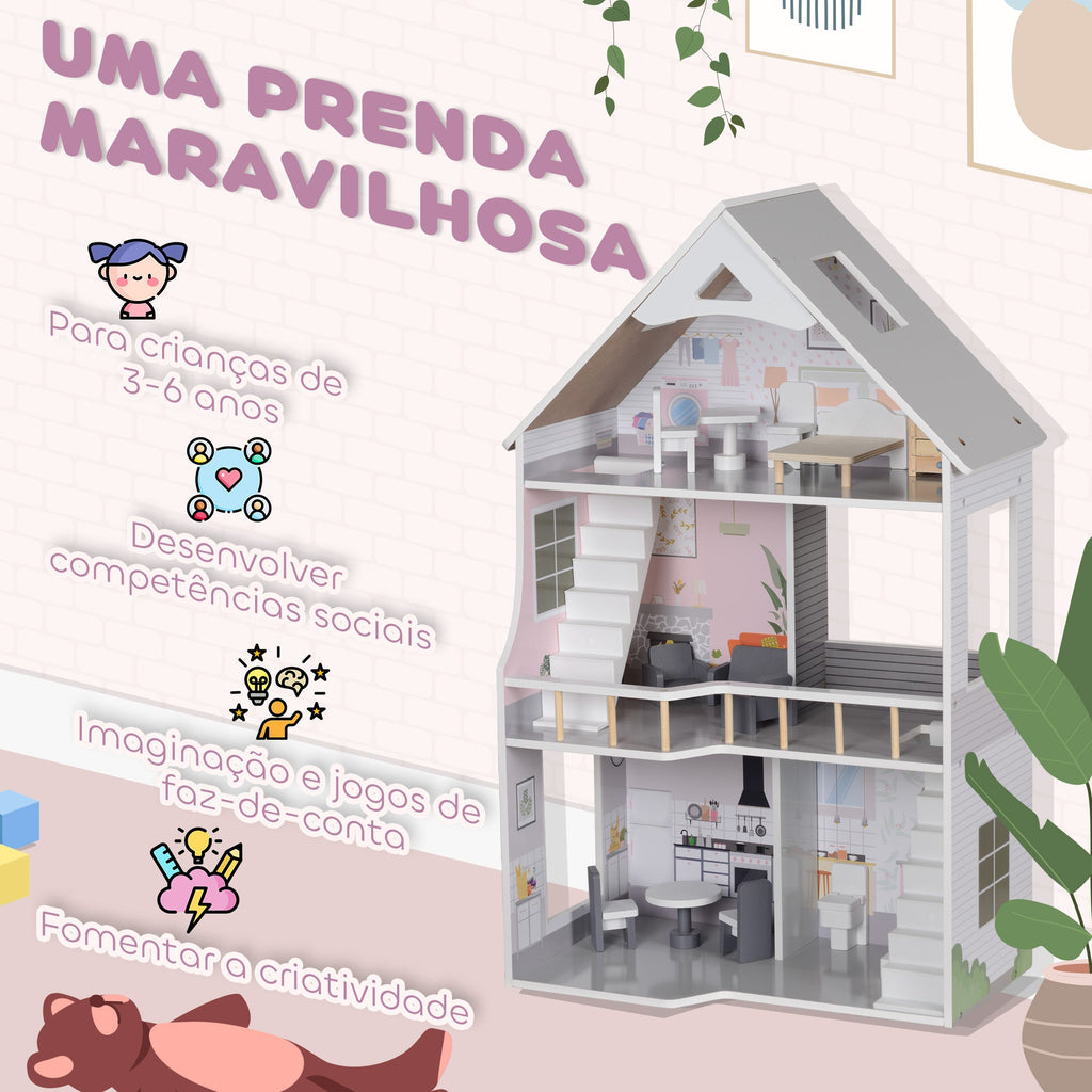 AIYAPLAY Casa de Bonecas com Móveis e Acessórios Casa de Bonecas de Madeira com 3 Andares Brinquedo para Meninas e Meninos acima de 3 Anos 53,5x29,1x85,3 cm Multicor