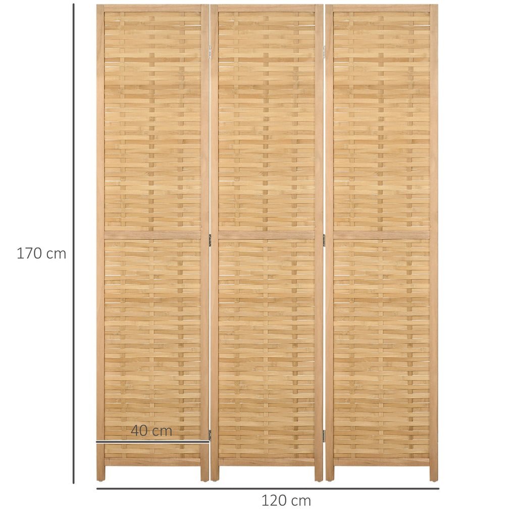 Biombo de 3 Paineis Separador de Ambientes Dobrável 120x1,8x170 cm Divisor de Ambientes com Padrão Tecido em Bambu Estilo Rústico para Escritório Dormitório Sala de Estar Madeira