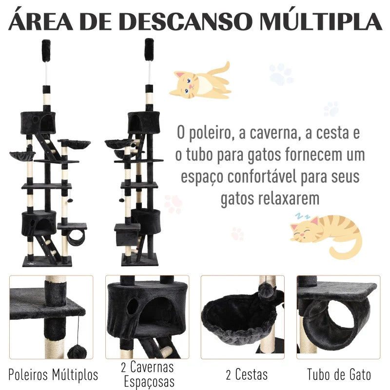 PawHut Árvore arranhador para Gatos com Altura Ajustável Plataformas Múltiplas Caverna Cestas e Escadas em Sisal Natural e Pelúcia 60x45x240-260 cm Cinza Escuro