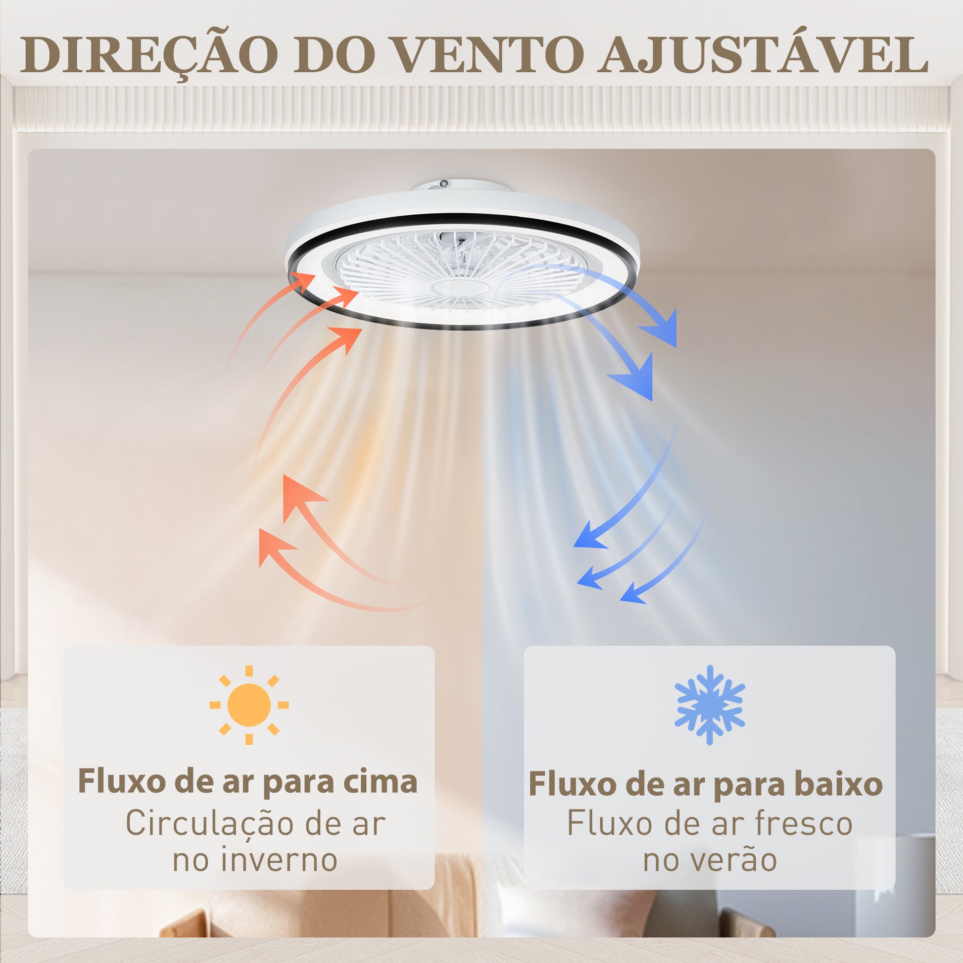 Ventoinha de Teto com Luz LED 48,5 W Motor DC Reversível Lâmpada Ventoinha de Teto Silenciosa com Controlo Remoto 6 Velocidades Temporizador para Sala de Estar Quarto Ø48x13 cm Branco