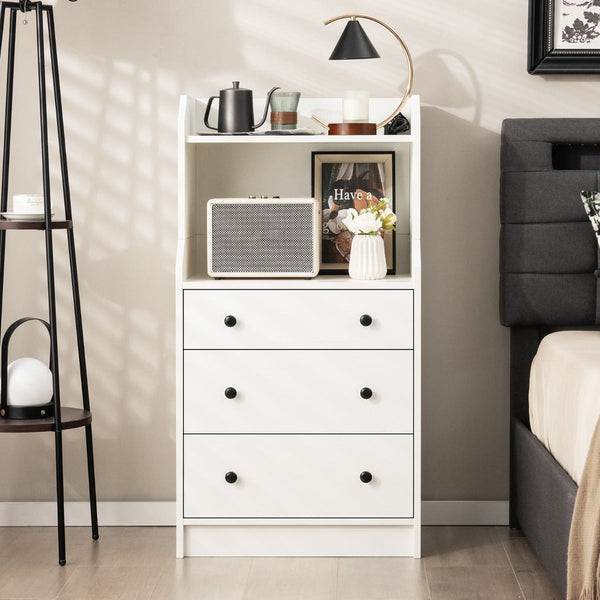 Cómoda Bianca com 3 Gavetas e Estantes Abertas – Modelo Bianca | 58x36x111 cm – Branco, Estilo Moderno para Quarto, Sala ou Entrada