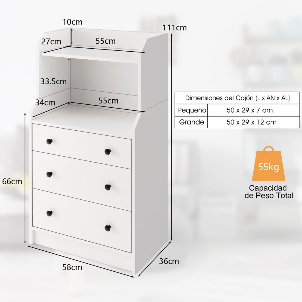 Cómoda Bianca com 3 Gavetas e Estantes Abertas – Modelo Bianca | 58x36x111 cm – Branco, Estilo Moderno para Quarto, Sala ou Entrada