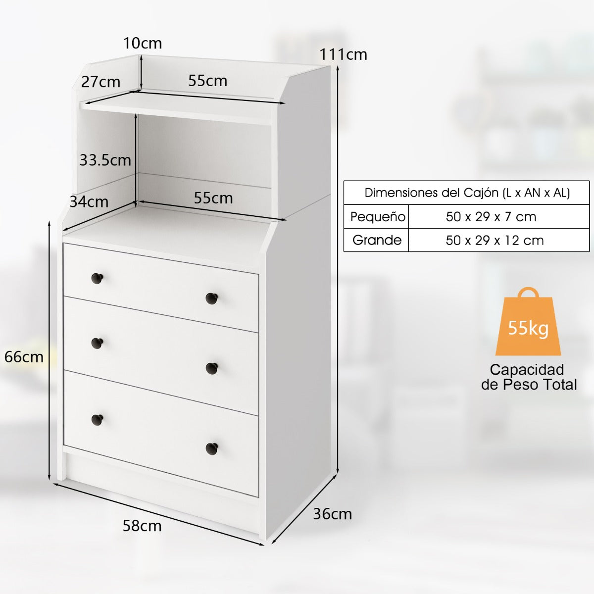 Cómoda Bianca com 3 Gavetas e Estantes Abertas – Modelo Bianca | 58x36x111 cm – Branco, Estilo Moderno para Quarto, Sala ou Entrada