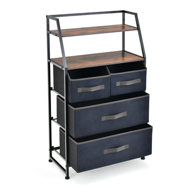 Cómoda "Orion" com 4 Gavetas de Tecido e 2 Prateleiras - Aparador com Sistema Antivolteio - 58x29x100 cm - Castanho Rústico