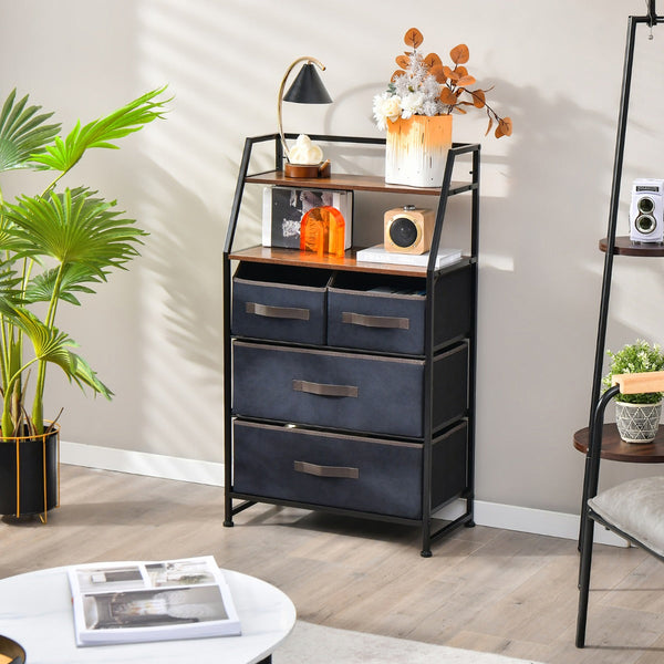 Cómoda "Orion" com 4 Gavetas de Tecido e 2 Prateleiras - Aparador com Sistema Antivolteio - 58x29x100 cm - Castanho Rústico