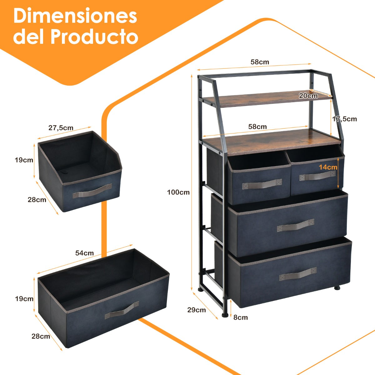 Cómoda "Orion" com 4 Gavetas de Tecido e 2 Prateleiras - Aparador com Sistema Antivolteio - 58x29x100 cm - Castanho Rústico