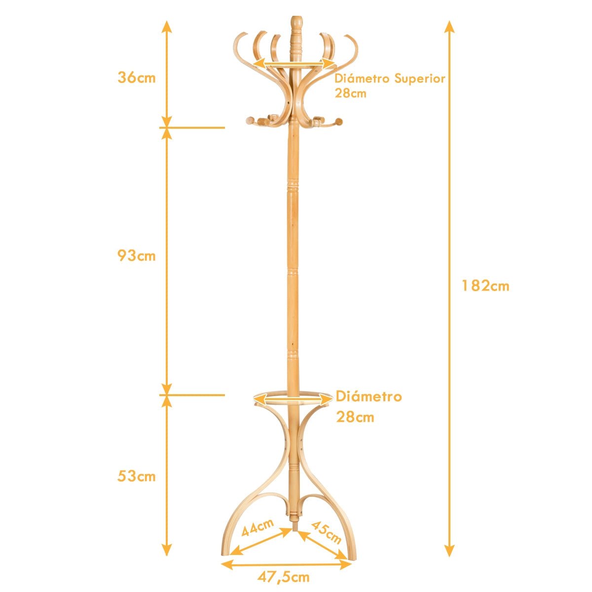Cabide de Pé "Alrik" em Madeira Natural com 12 Ganchos Giratórios – 182 cm - A minha loja
