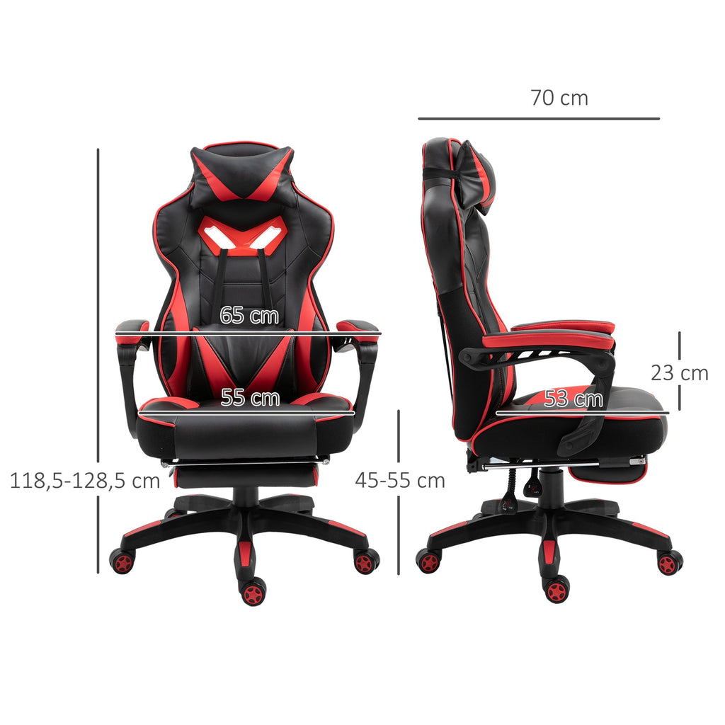 Cadeira de escritorio gaming ergonômica Altura ajustável Reclinável Encosto com apoio para pés Encosto de cabeça Almofada lombar Rodas 65x70x118,5 - 126,5 cm Vermelho e Preto - A minha loja