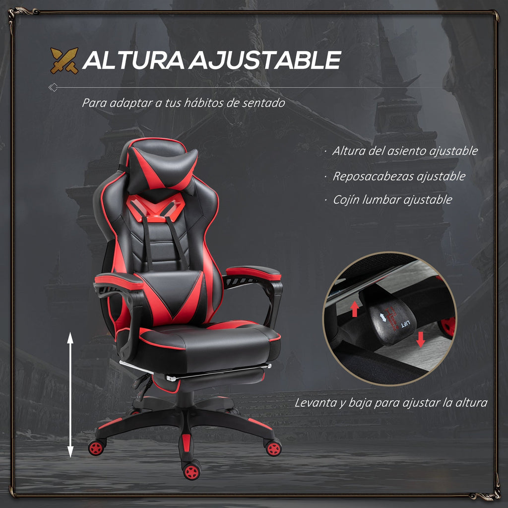 Cadeira de escritorio gaming ergonômica Altura ajustável Reclinável Encosto com apoio para pés Encosto de cabeça Almofada lombar Rodas 65x70x118,5 - 126,5 cm Vermelho e Preto - A minha loja
