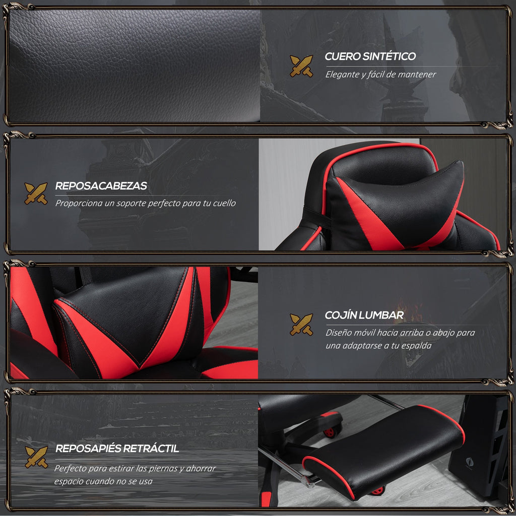 Cadeira de escritorio gaming ergonômica Altura ajustável Reclinável Encosto com apoio para pés Encosto de cabeça Almofada lombar Rodas 65x70x118,5 - 126,5 cm Vermelho e Preto - A minha loja