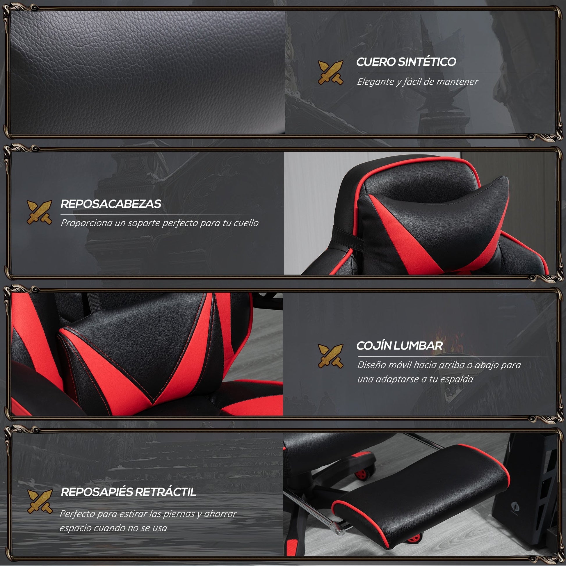 Cadeira de escritorio gaming ergonômica Altura ajustável Reclinável Encosto com apoio para pés Encosto de cabeça Almofada lombar Rodas 65x70x118,5 - 126,5 cm Vermelho e Preto - A minha loja