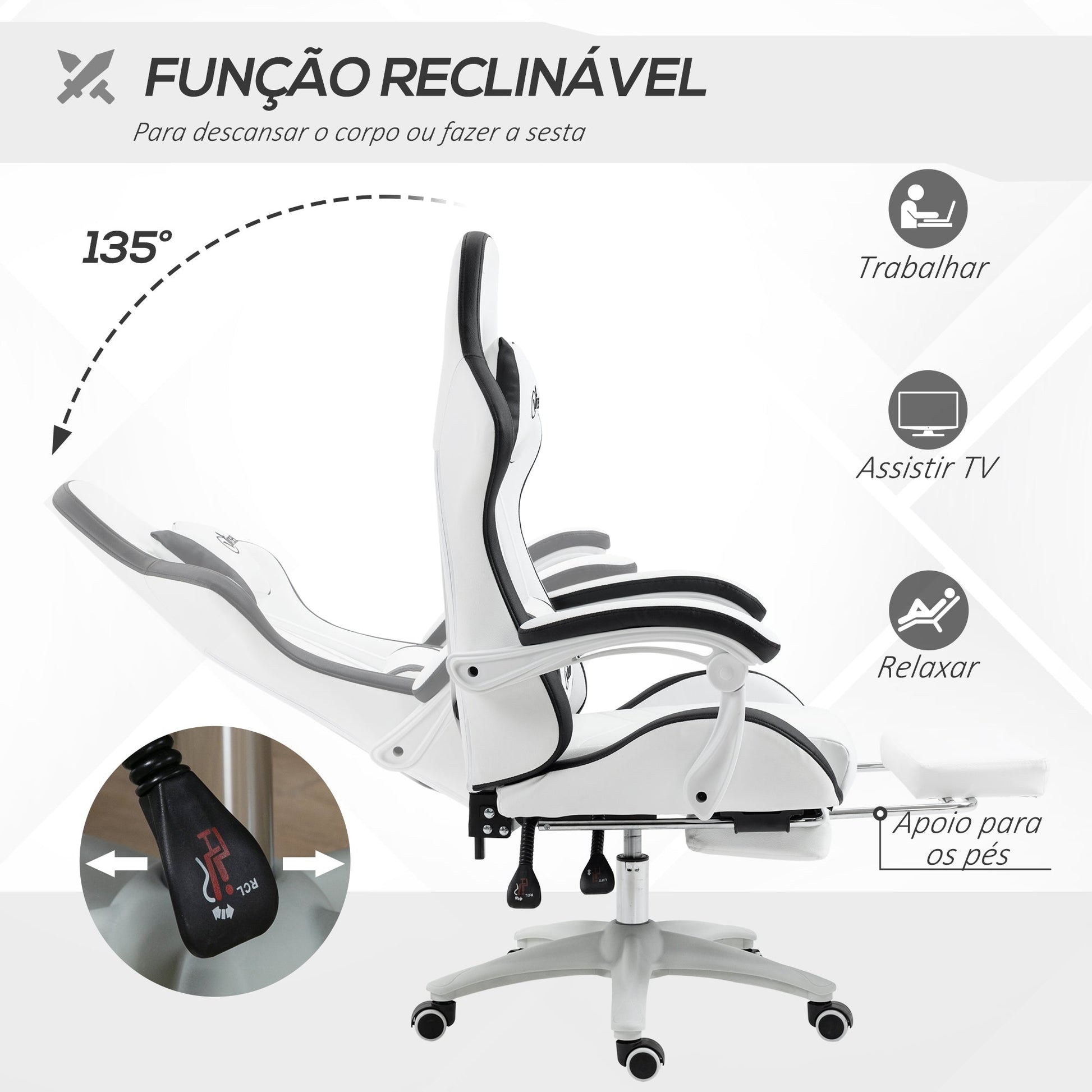 Cadeira Gaming Cadeira Gamer Racing de Couro PU com Altura Ajustável Reclinável 135° Apoio para a Cabeça e Apoio para os Pés Retrátil para Escritório Estúdio 65x65x121 - 129 cm Branco e Preto - A minha loja