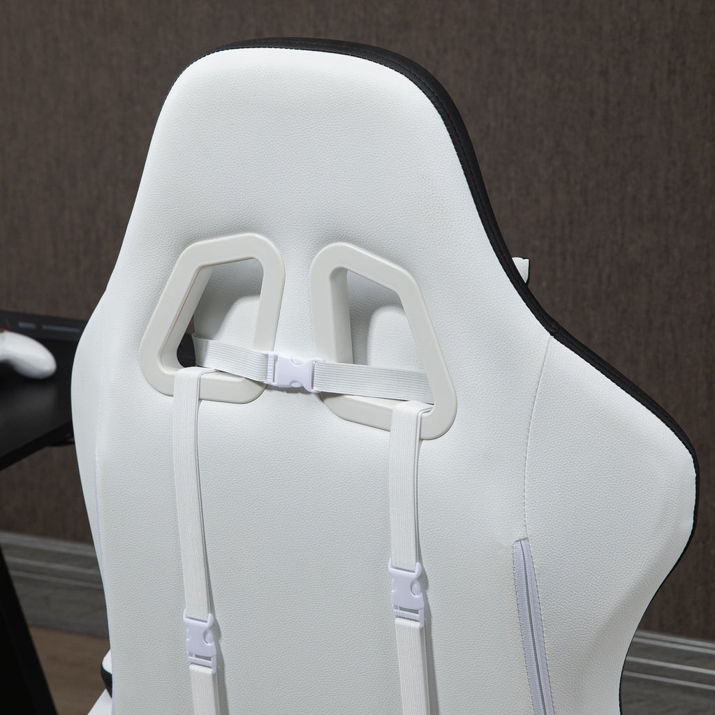 Cadeira Gaming Cadeira Gamer Racing de Couro PU com Altura Ajustável Reclinável 135° Apoio para a Cabeça e Apoio para os Pés Retrátil para Escritório Estúdio 65x65x121 - 129 cm Branco e Preto - A minha loja