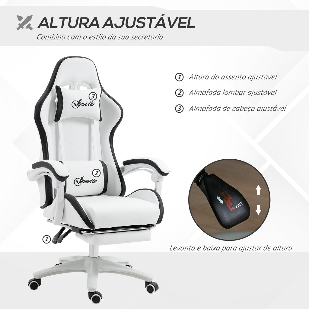 Cadeira Gaming Cadeira Gamer Racing de Couro PU com Altura Ajustável Reclinável 135° Apoio para a Cabeça e Apoio para os Pés Retrátil para Escritório Estúdio 65x65x121 - 129 cm Branco e Preto - A minha loja