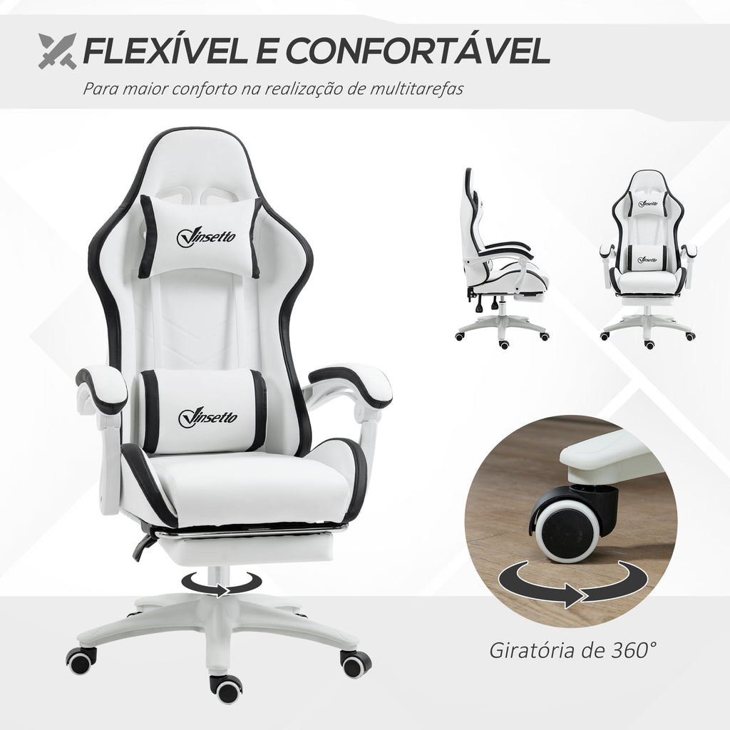 Cadeira Gaming Cadeira Gamer Racing de Couro PU com Altura Ajustável Reclinável 135° Apoio para a Cabeça e Apoio para os Pés Retrátil para Escritório Estúdio 65x65x121 - 129 cm Branco e Preto - A minha loja