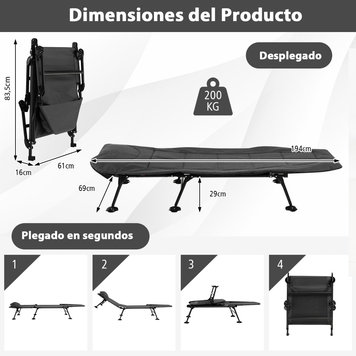 Cama de Campismo Dobrável Faro com Colchão Removível e Encosto Reclinável – 194x64x29 cm – Cinzenta – Leve, Estável e Confortável