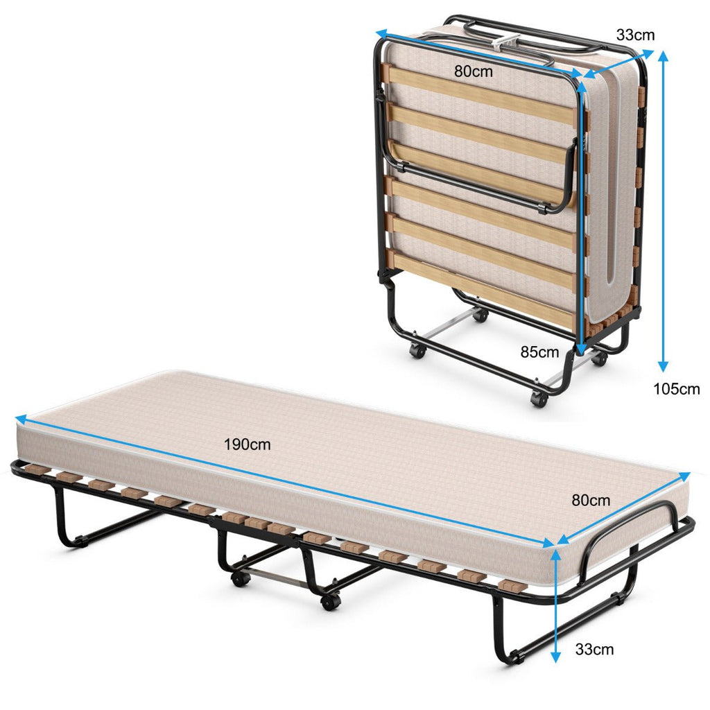 Cama Dobrável com Colchão de Espuma Viscoelástica – Estrutura em Aço, 190 x 80 x 33 cm, Bege - A minha loja