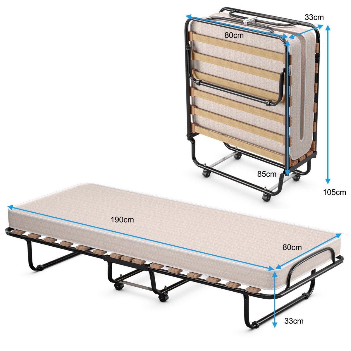 Cama Dobrável com Colchão de Espuma Viscoelástica – Estrutura em Aço, 190 x 80 x 33 cm, Bege - A minha loja