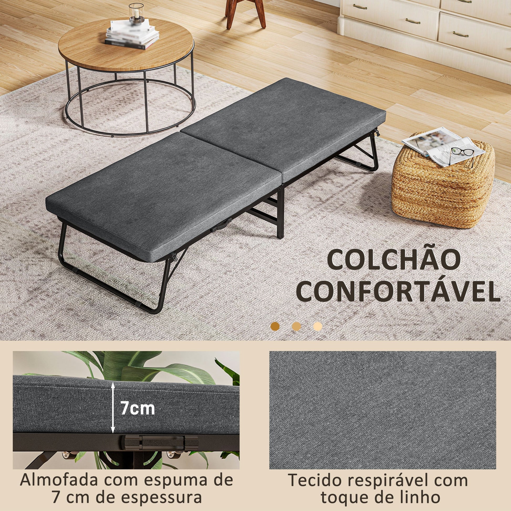 Cama Dobrável "FlexRest" – 70x180 cm – Colchão de Espuma – Encosto Ajustável – Cinzento - A minha loja