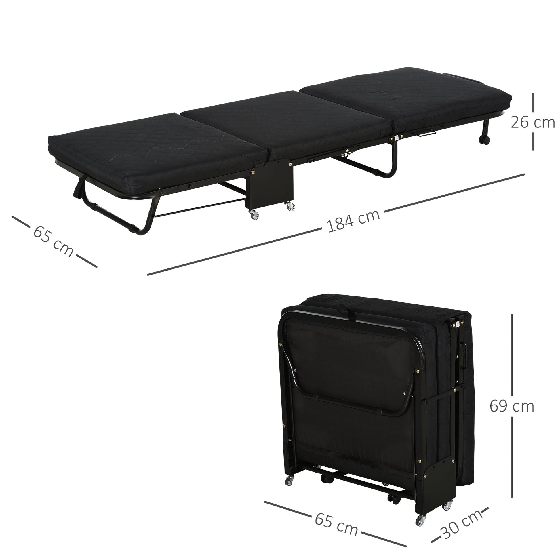Cama Dobrável "Host" com Apoio de Cabeça Ajustável - Preto - 184x65x26 cm - Metal e Espuma - Design Portátil e Compacto - A minha loja