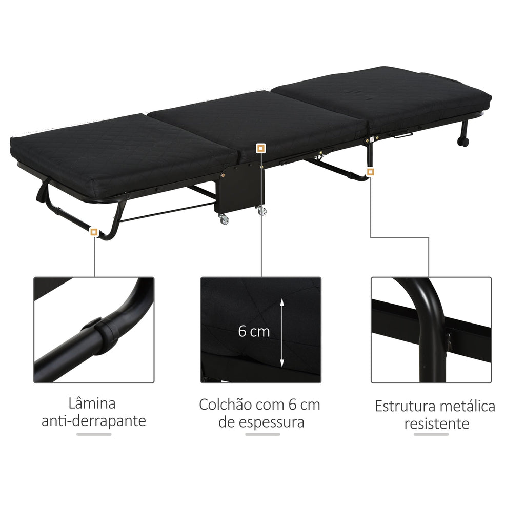 Cama Dobrável "Host" com Apoio de Cabeça Ajustável - Preto - 184x65x26 cm - Metal e Espuma - Design Portátil e Compacto - A minha loja