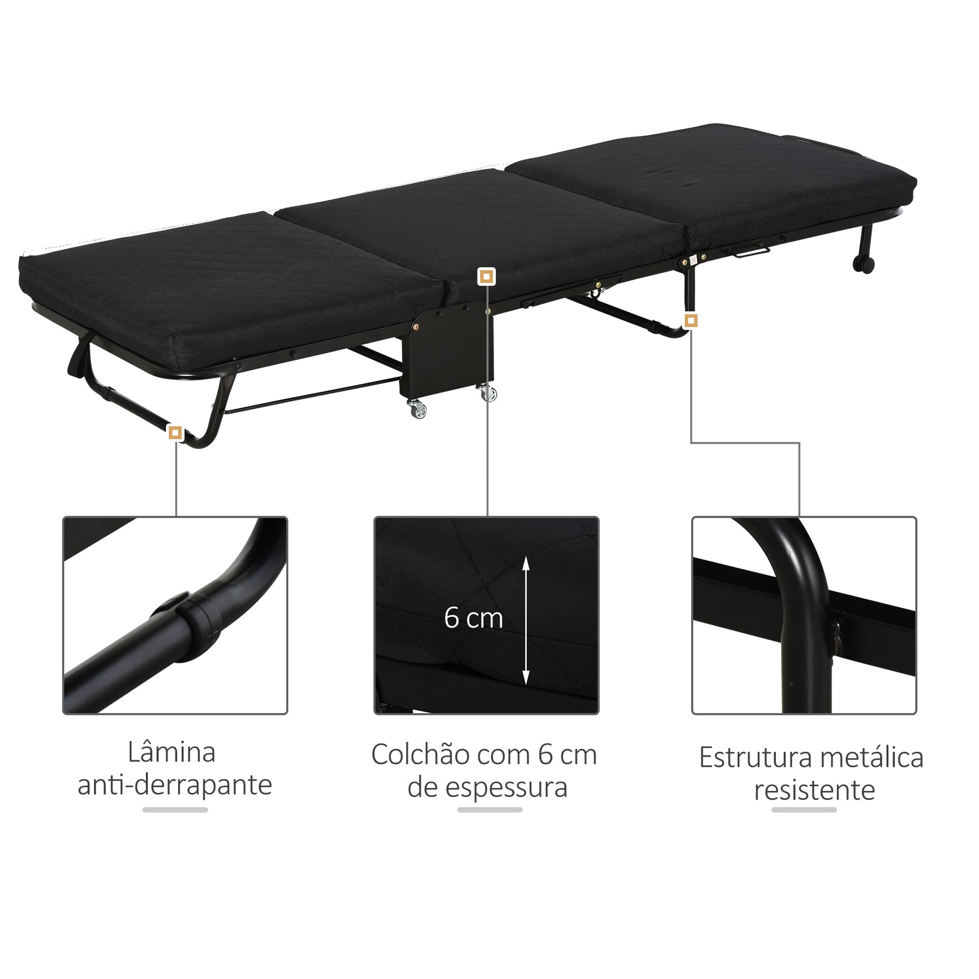 Cama Dobrável "Host" com Apoio de Cabeça Ajustável - Preto - 184x65x26 cm - Metal e Espuma - Design Portátil e Compacto - A minha loja