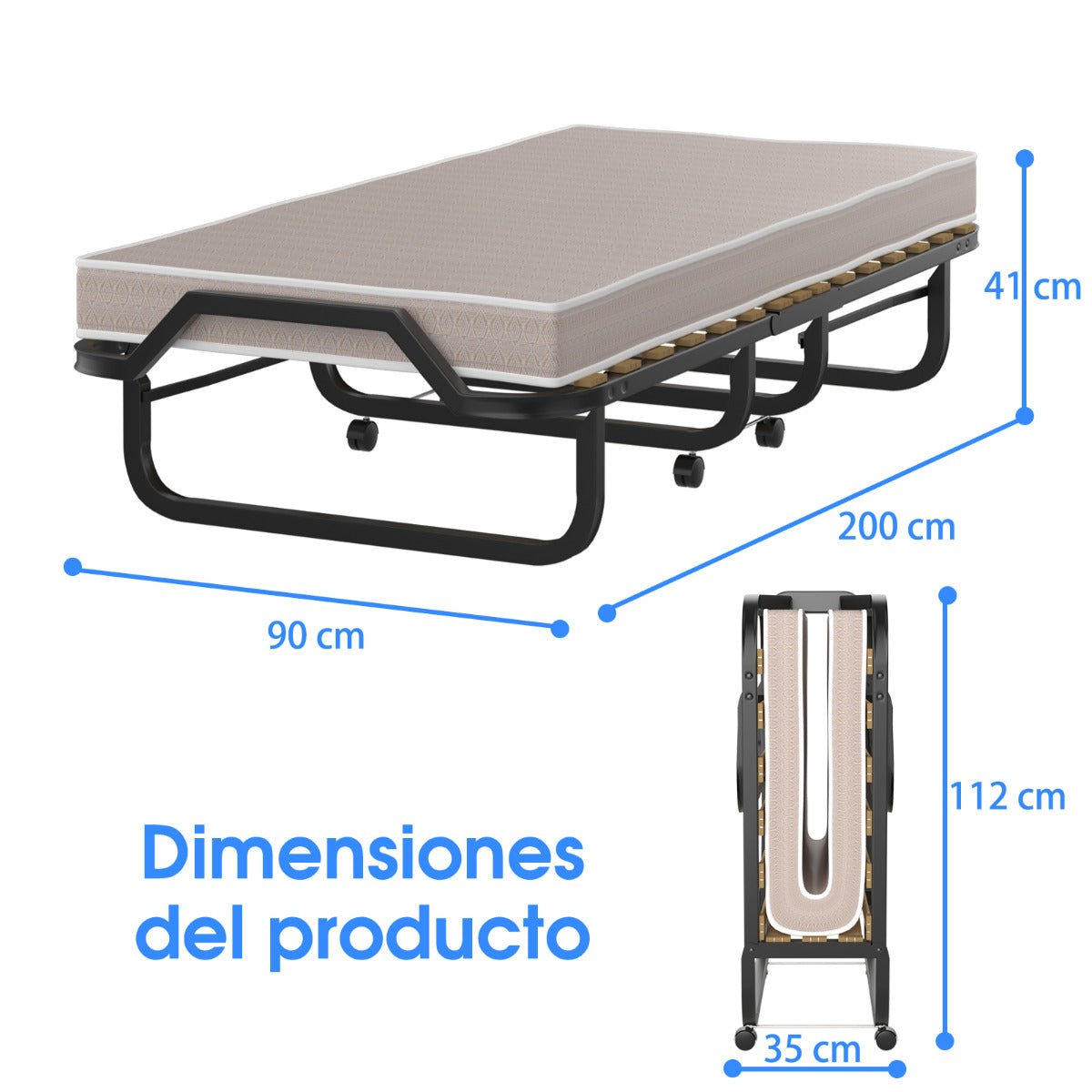 Cama Dobrável Individual "EIRIK" com Colchão Viscoelástico e Estrutura Metálica com Rodas – 90 x 200 x 41 cm - A minha loja