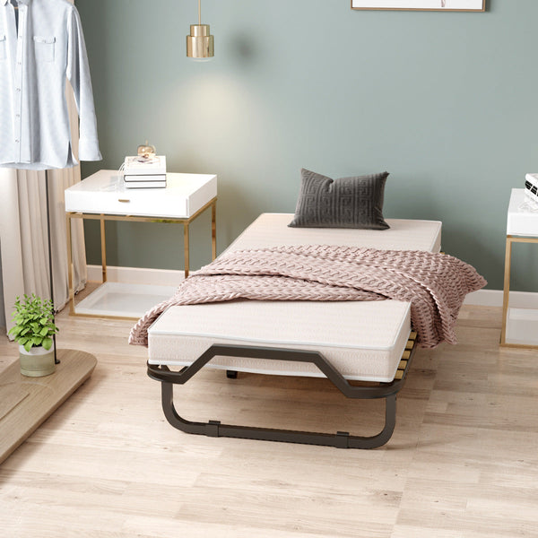 Cama Dobrável Individual "EIRIK" com Colchão Viscoelástico e Estrutura Metálica com Rodas – 90 x 200 x 41 cm