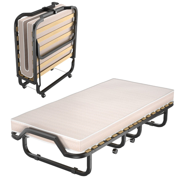 Cama Dobrável Individual "EIRIK" com Colchão Viscoelástico e Estrutura Metálica com Rodas – 90 x 200 x 41 cm