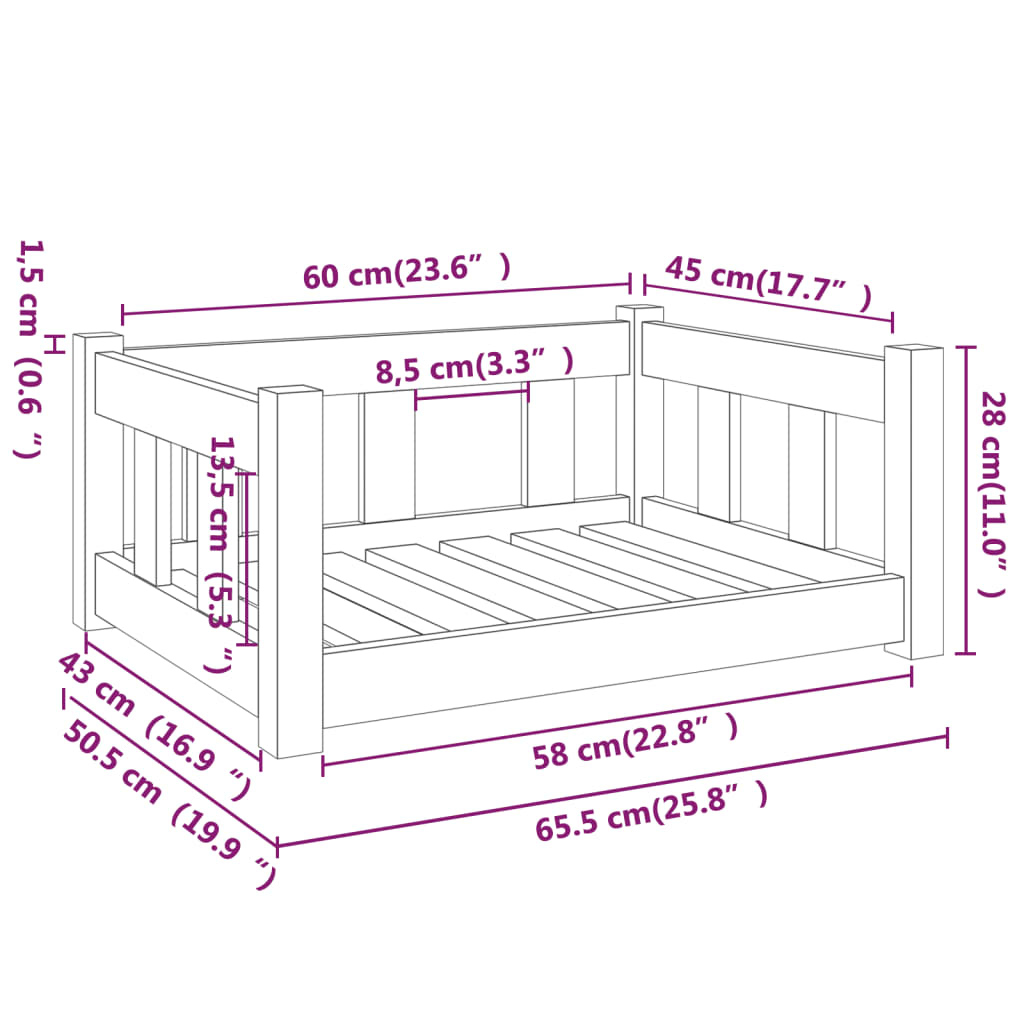 Cama para cães 65,5x50,5x28 cm madeira de pinho maciça - A minha loja