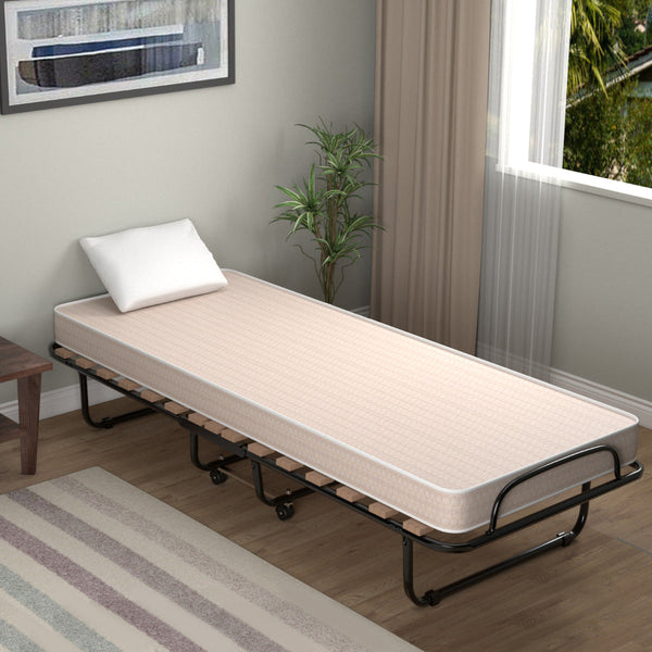Cama Dobrável com Colchão de Espuma Viscoelástica – Estrutura em Aço, 190 x 80 x 33 cm, Bege